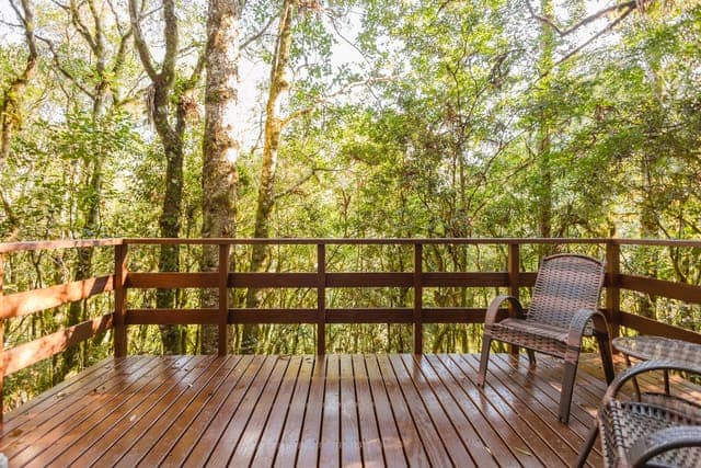 Deck de madeira com cadeiras e vista para a mata